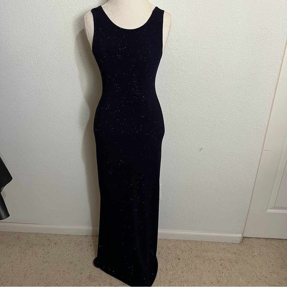Laura Navy Sparkle Sleeveless Lace Up Open Back Fitted Formal Maxi Dress 6
